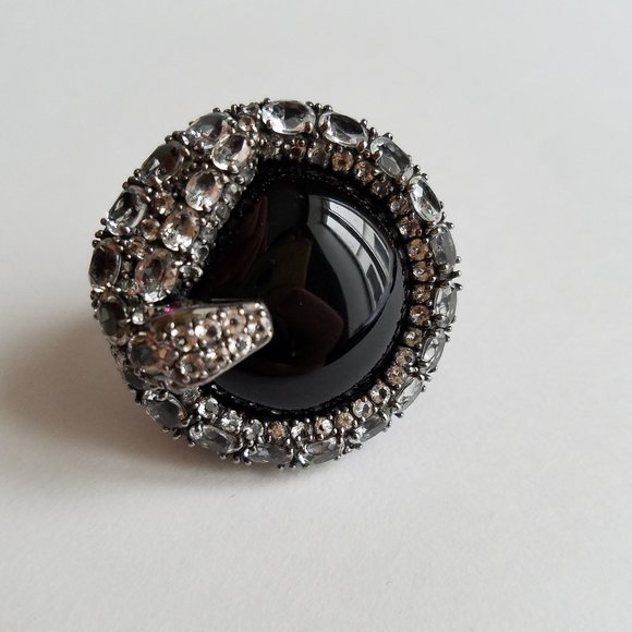 Women's Silver 925 Aquamarine Black Onyx Stingray Skin Snake Ring Size 8 - Picture 1 of 15
